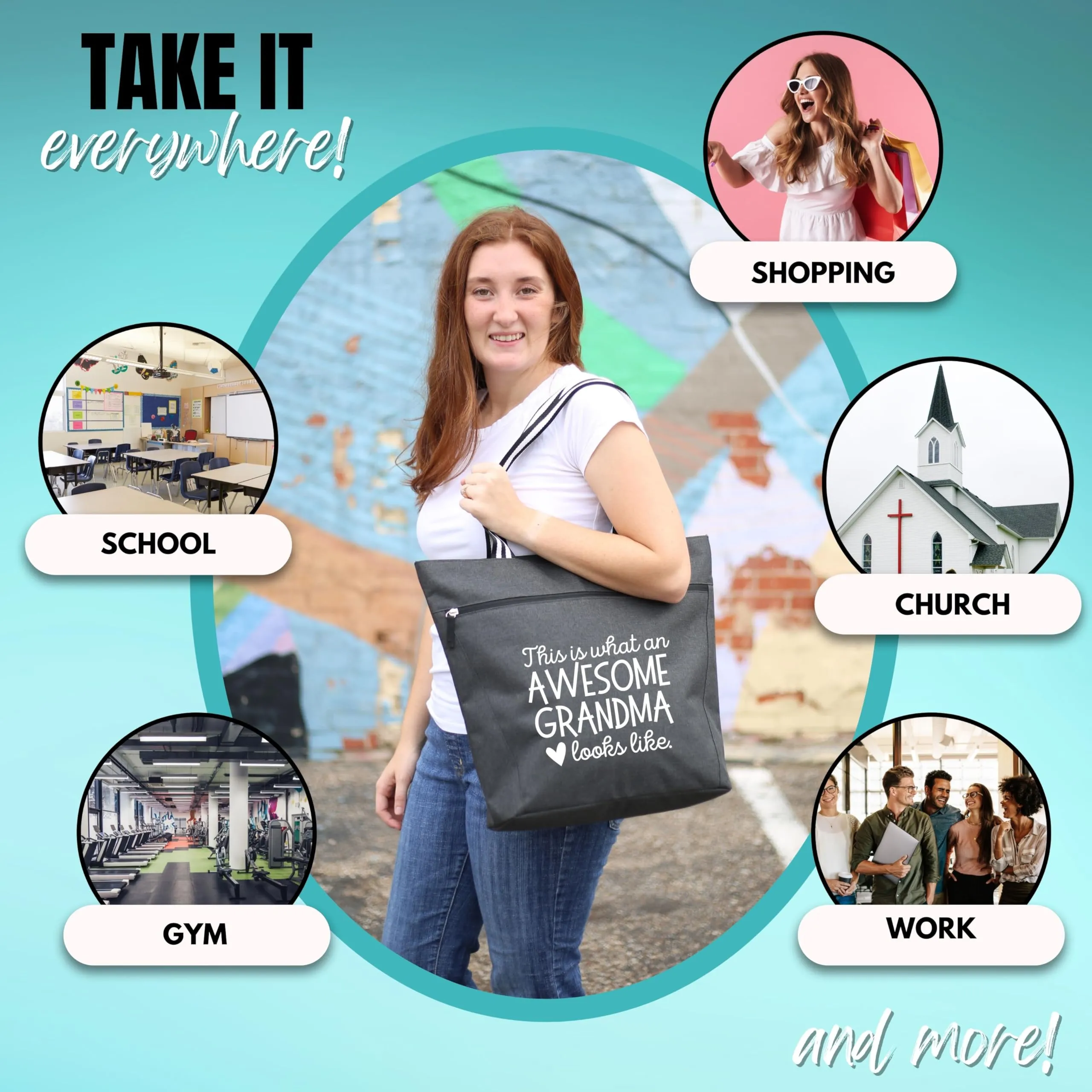 Large Zippered Tote Bag with Pockets for Grandmas, Grandmother, Nana - Grandma's Getaway Bag - Perfect for Work, Gifts for Granny, Mother's Day, Christmas, Birthday (Awesome Grandma Lexie Black)