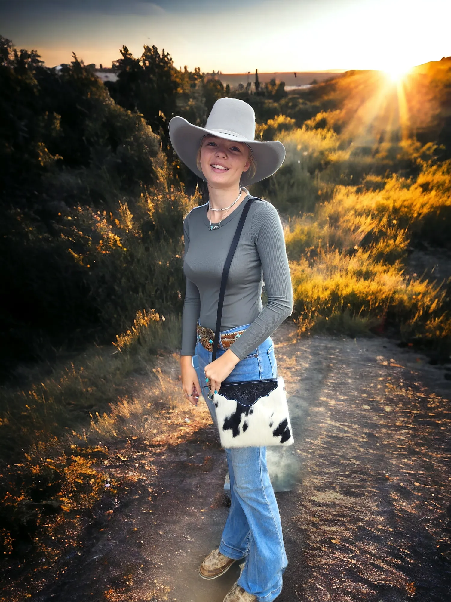 Leather and Cowhide Crossbody Bag - Black