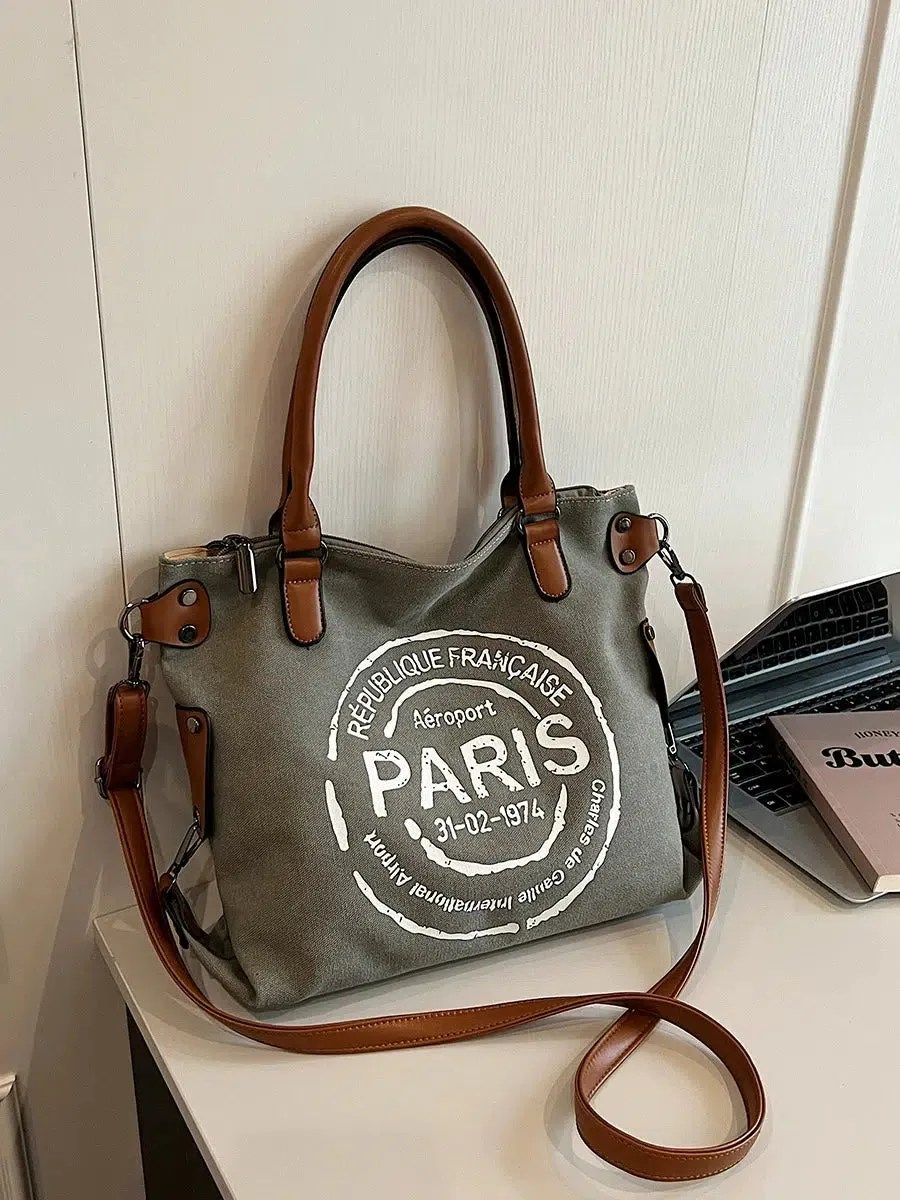 Leather Straps Canvas Tote Bag
