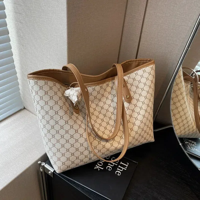 Leather Trim Patterned Canvas Tote Bag