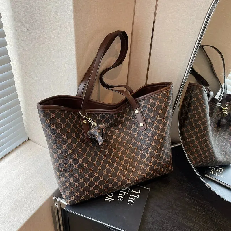 Leather Trim Patterned Canvas Tote Bag