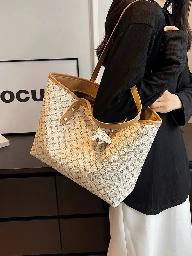 Leather Trim Patterned Canvas Tote Bag