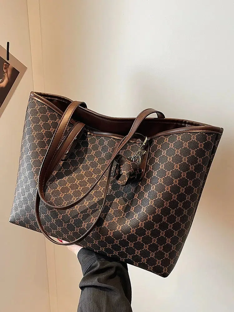 Leather Trim Patterned Canvas Tote Bag