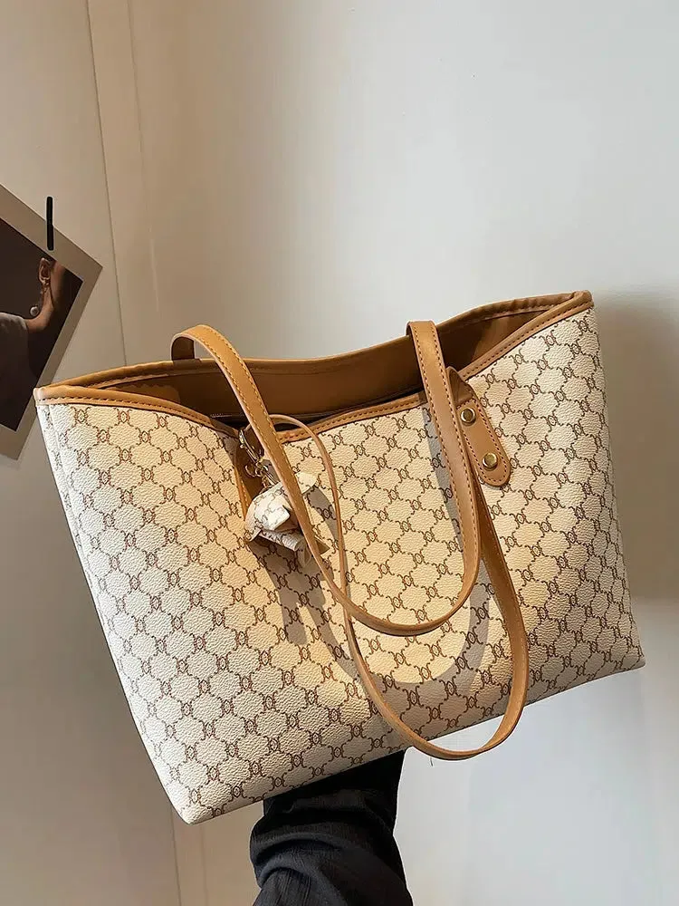 Leather Trim Patterned Canvas Tote Bag