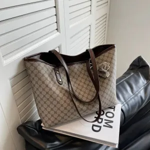 Leather Trim Patterned Canvas Tote Bag