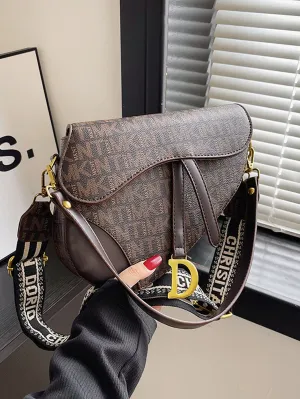Letter Print Saddle Crossbody Bag - Coffee Brown - FD ⚡