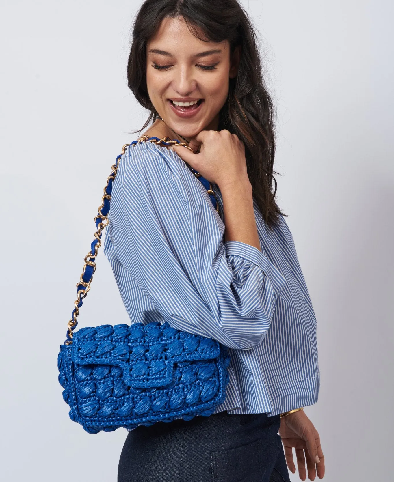 Lucrezia Raffia Crochet Shoulder Bag cobalt blue