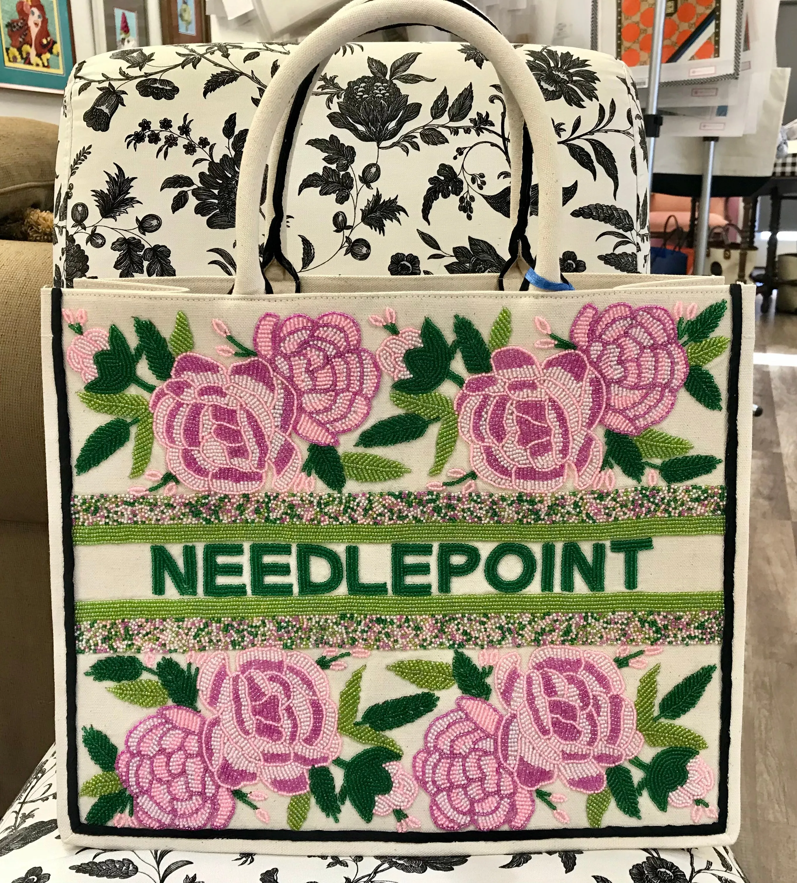 Madeline Tote: Peony Pink w/NEEDLEPOINT