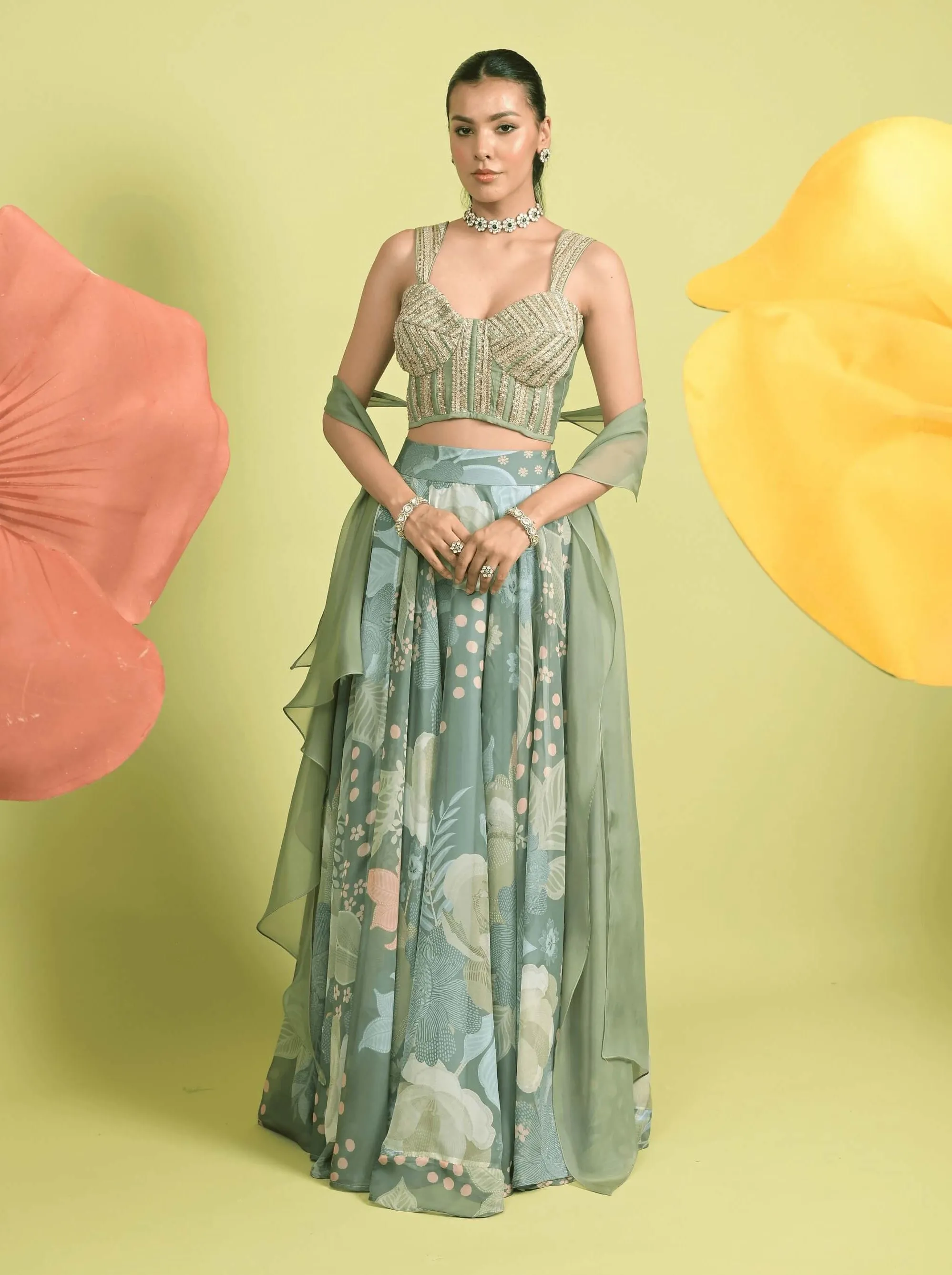 Matcha green serene corset and draped skirt set