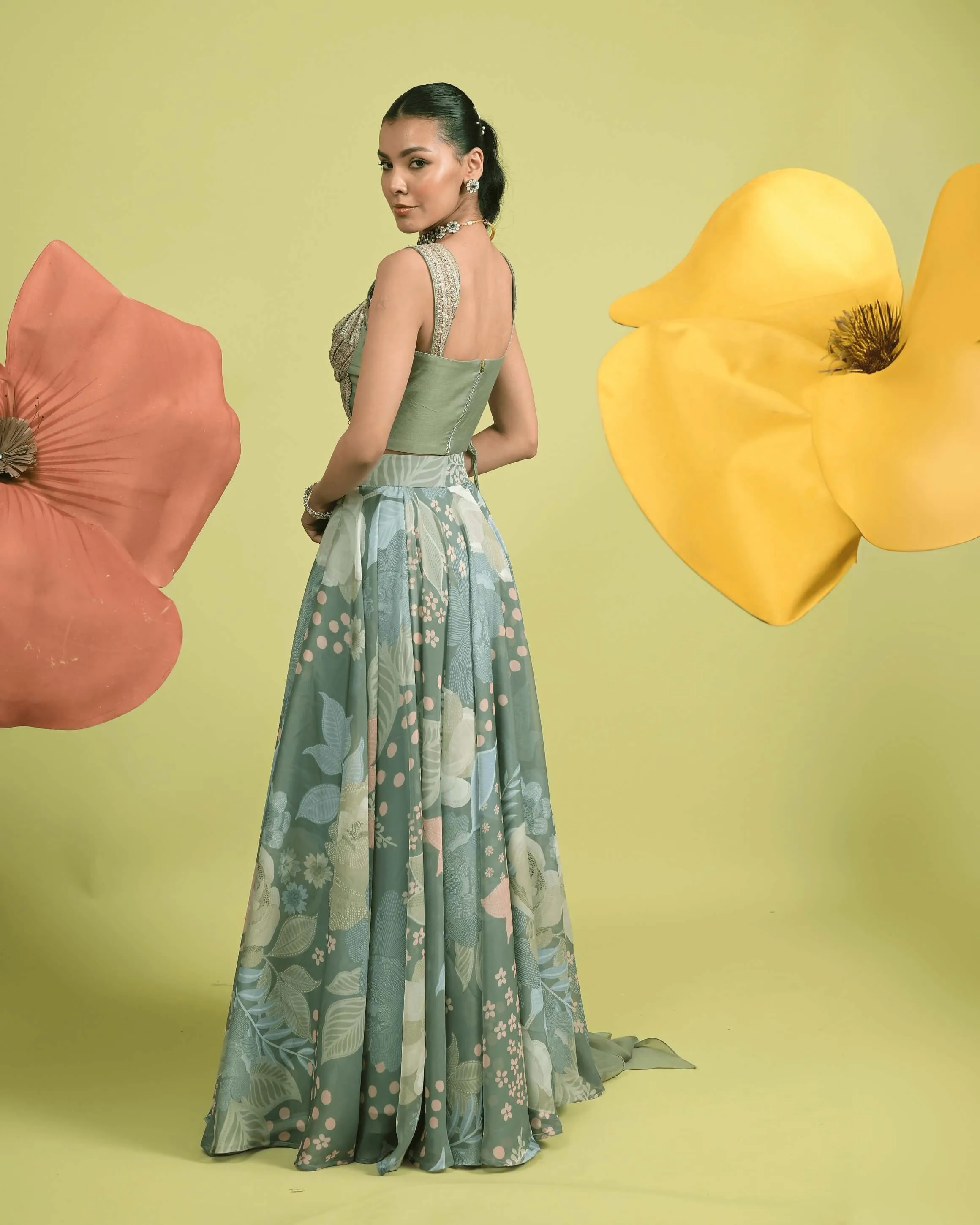 Matcha green serene corset and draped skirt set