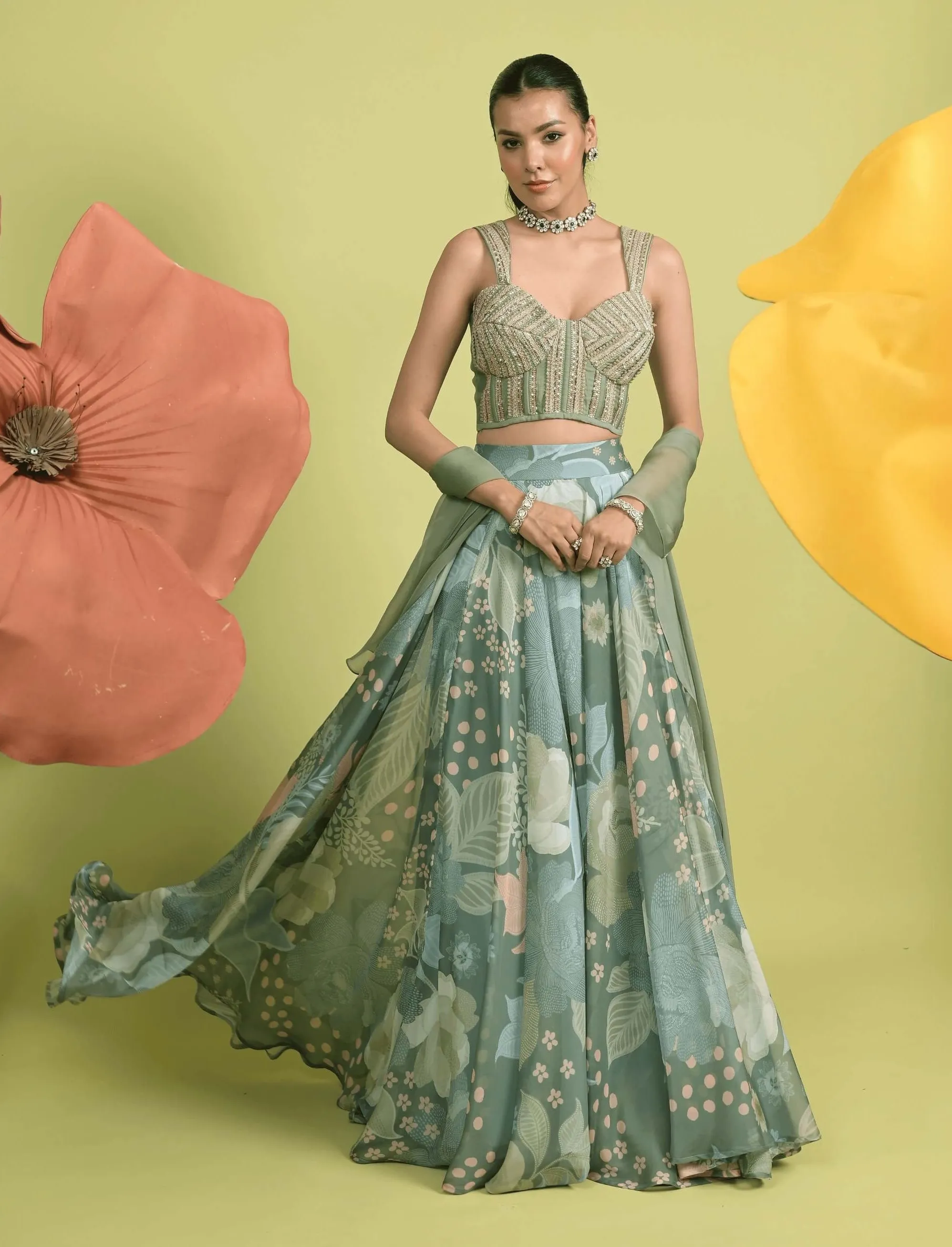 Matcha green serene corset and draped skirt set