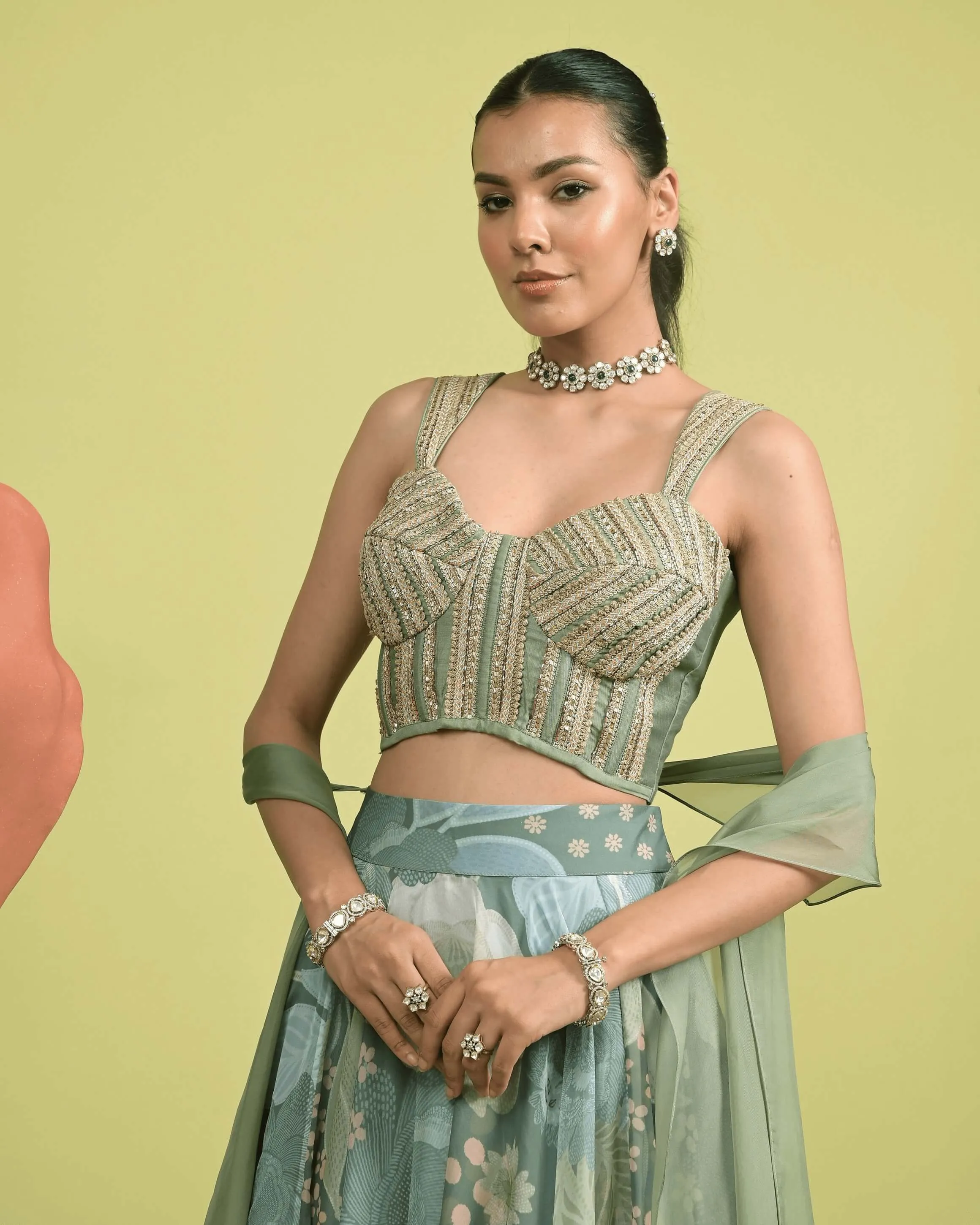 Matcha green serene corset and draped skirt set