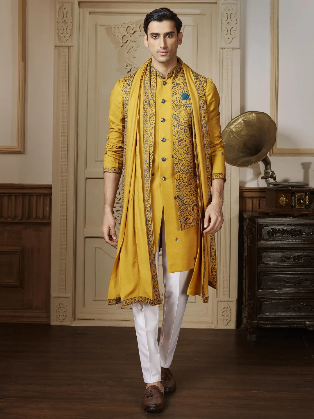 Mustard and White Hue Indo Westerni Set with Dupatta