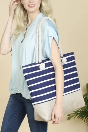 NAVYTHICK WHITE HORIZONTAL STRIPE TOTE BAG