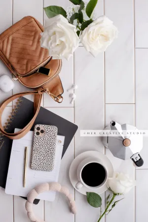 Neutral Workspace With White Florals, Stock Photo.
