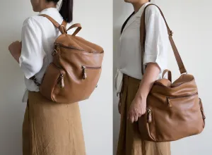 Noa Leather Bucket Backpack in Tan Brown