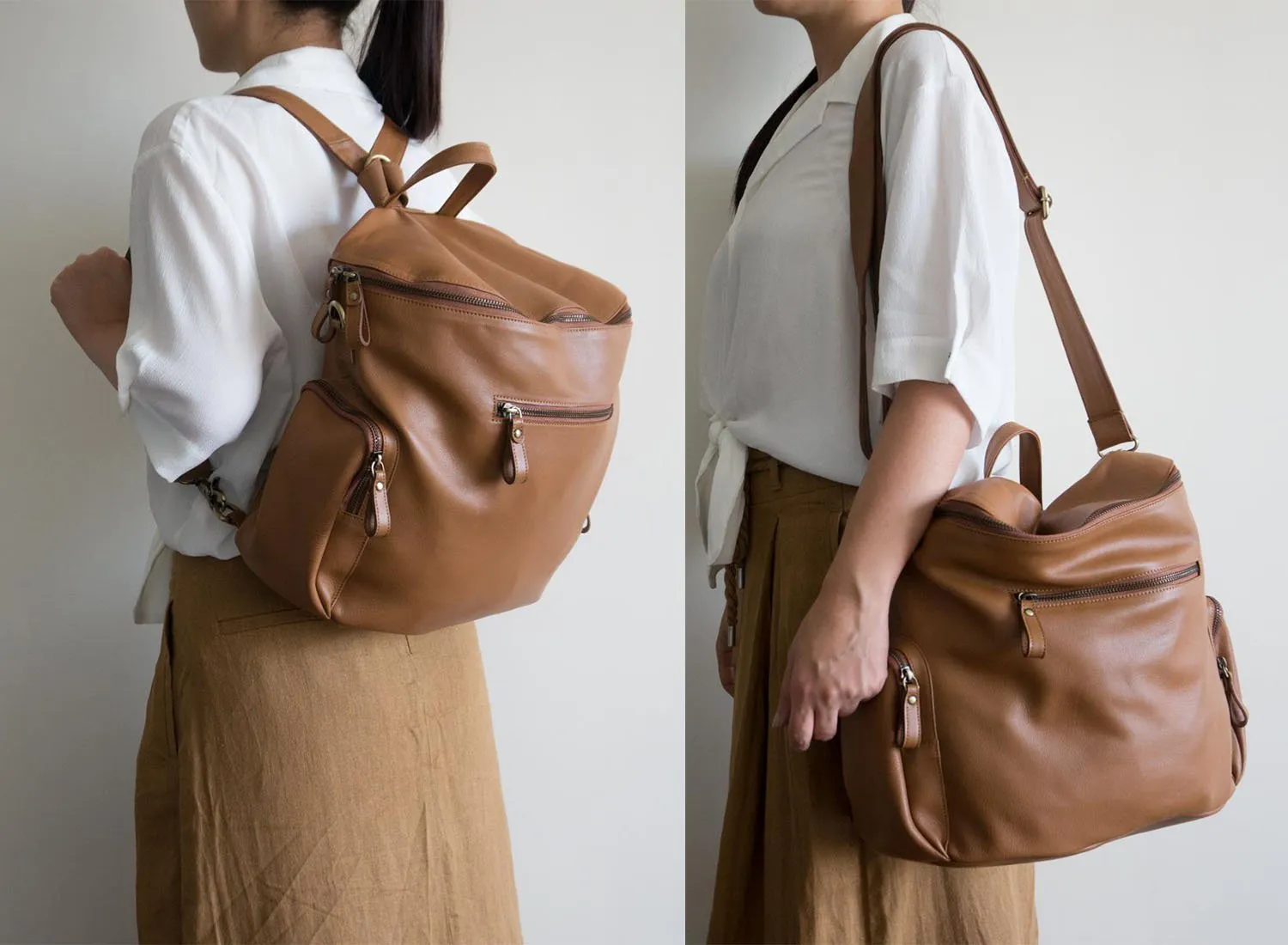 Noa Leather Bucket Backpack in Tan Brown
