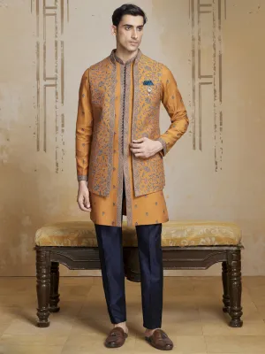 Orange and Blue Jacquard Indo Western Set