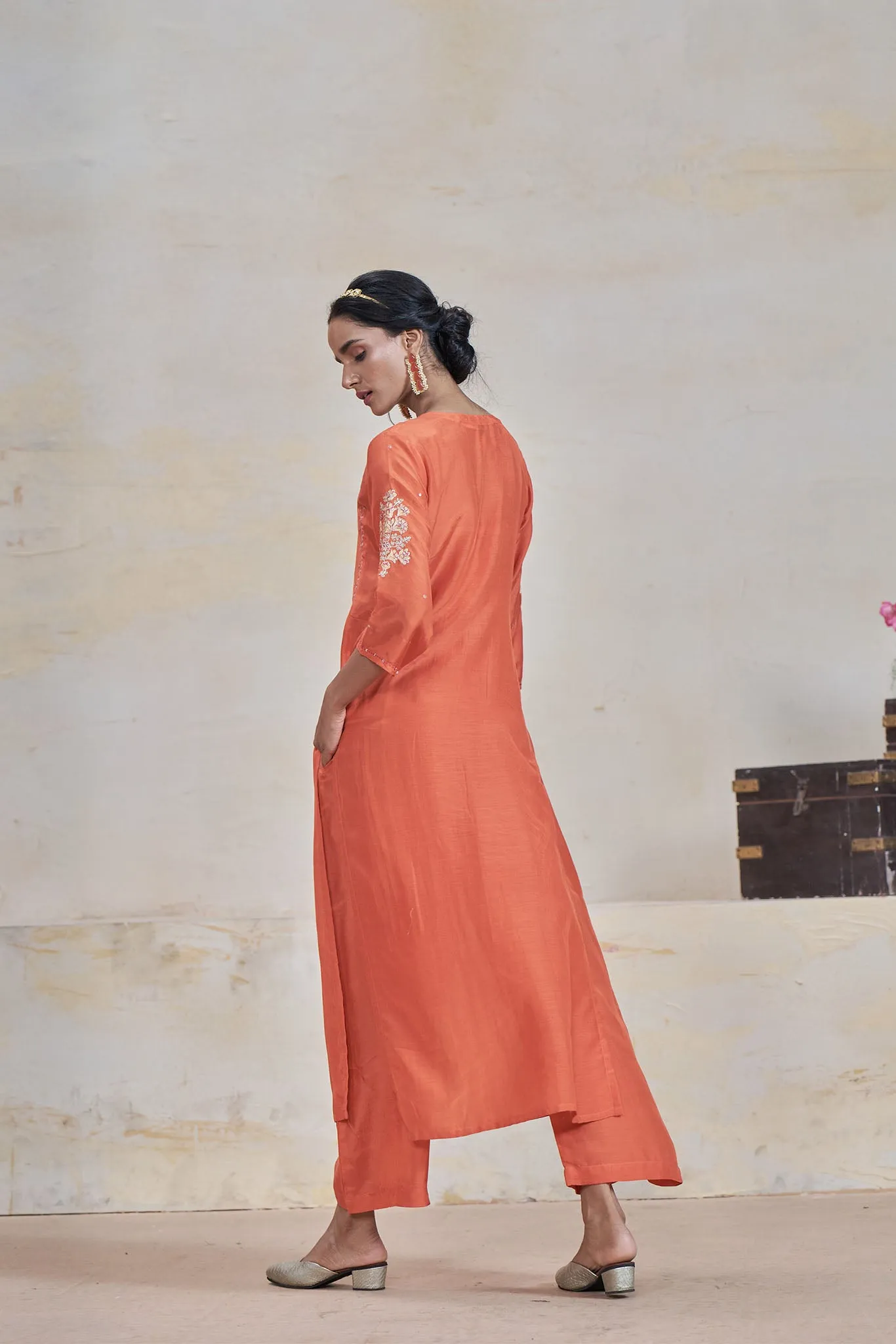 Orange Kurta Set with Hand Pitta Work