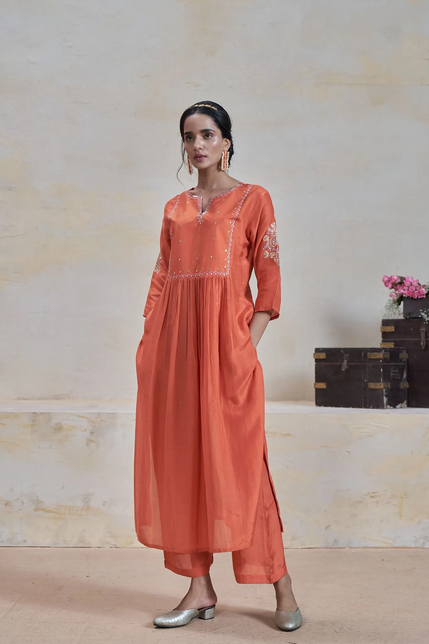 Orange Kurta Set with Hand Pitta Work