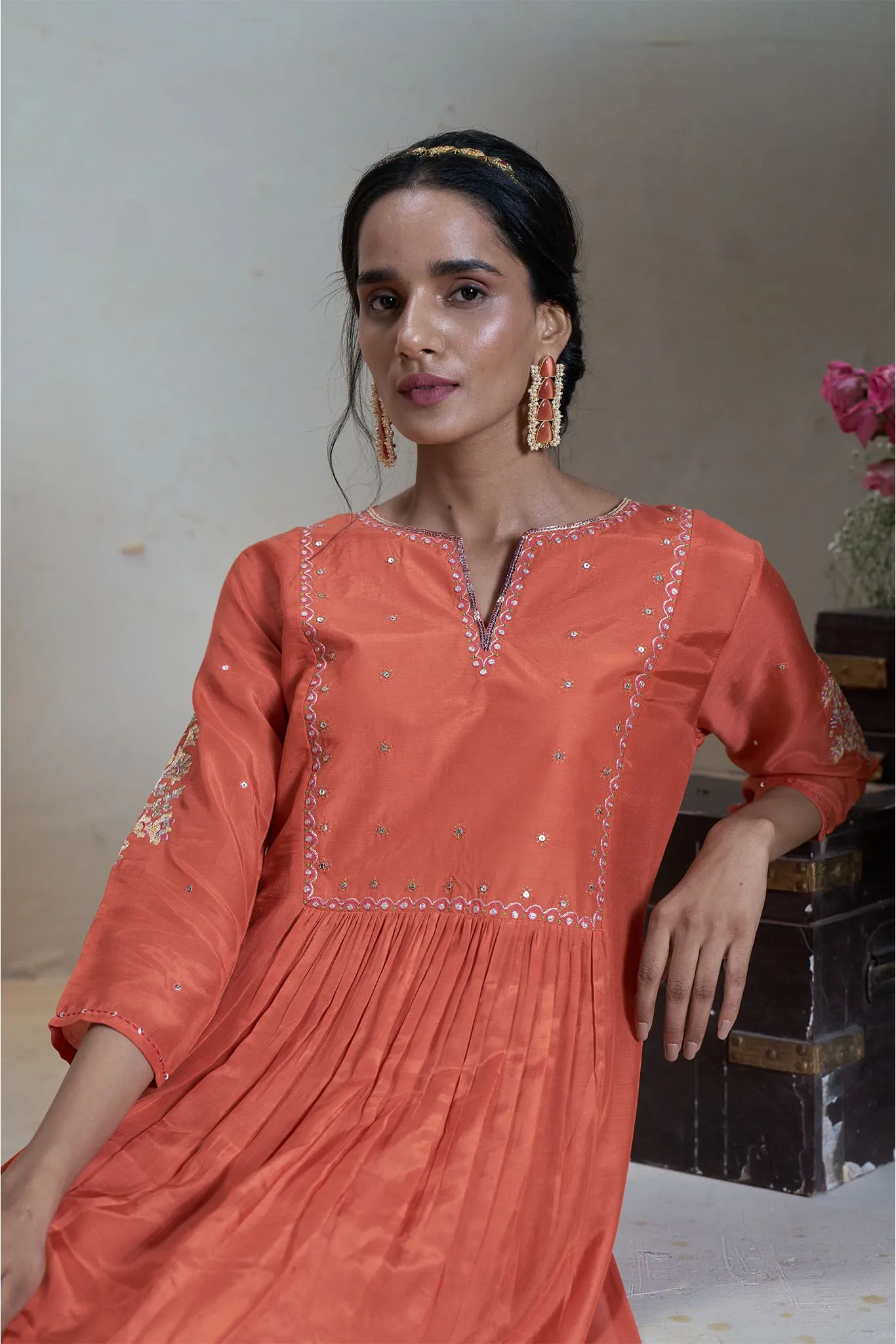 Orange Kurta Set with Hand Pitta Work