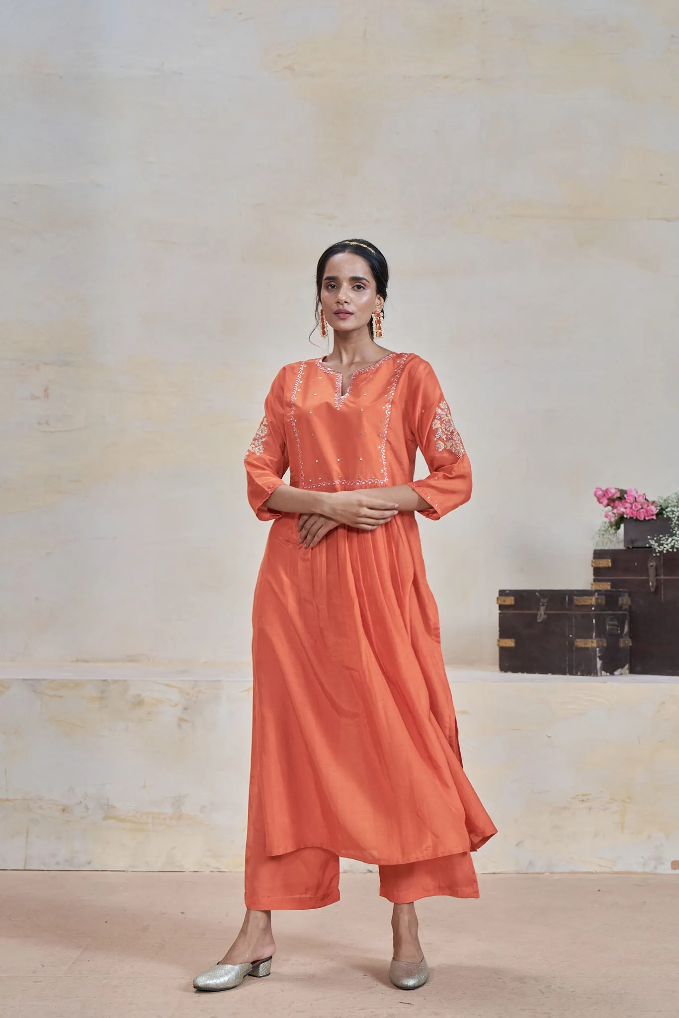 Orange Kurta Set with Hand Pitta Work