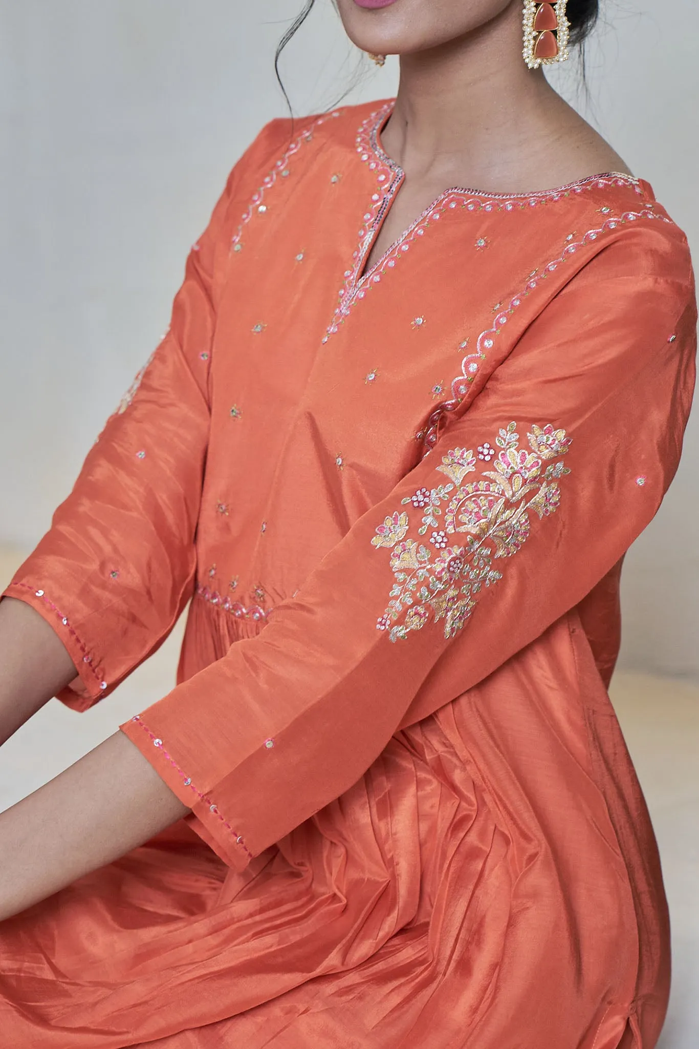 Orange Kurta Set with Hand Pitta Work