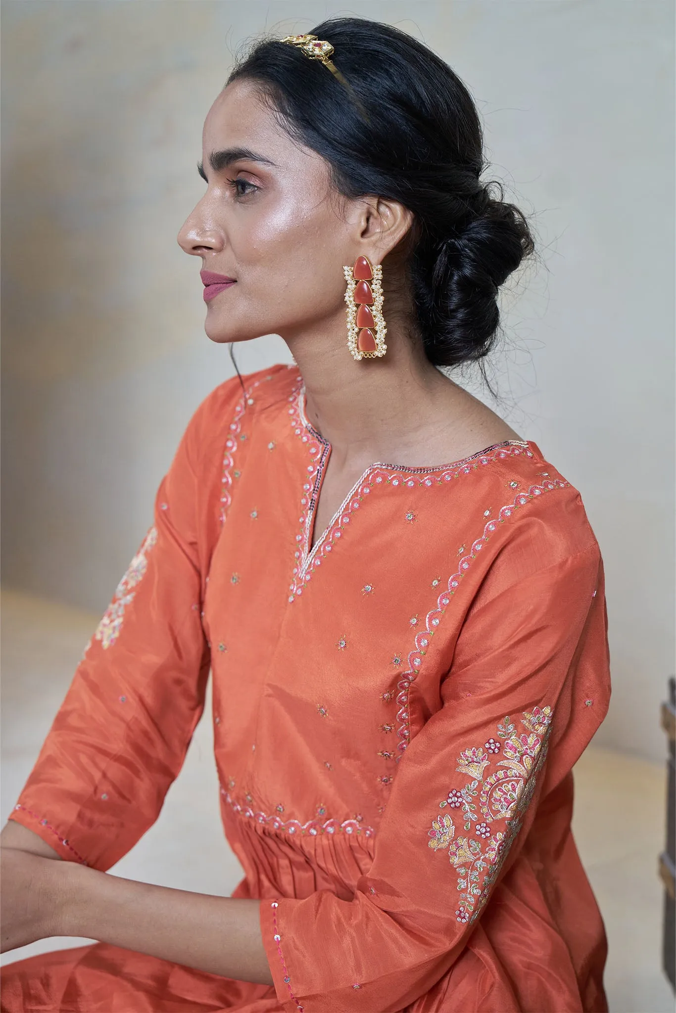 Orange Kurta Set with Hand Pitta Work