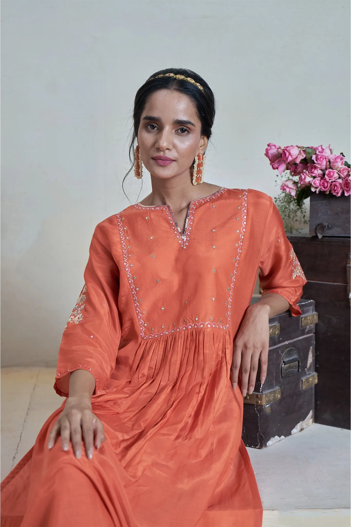 Orange Kurta Set with Hand Pitta Work