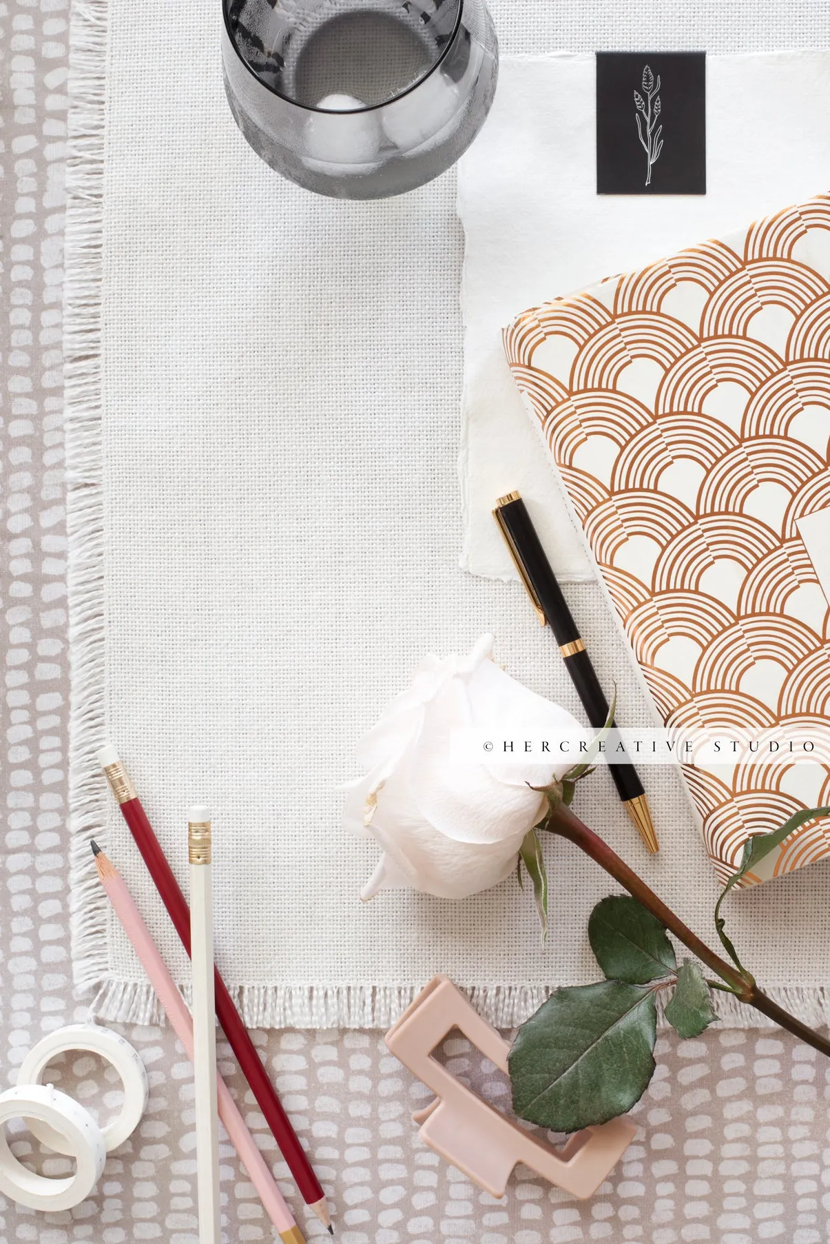 Pink Rose, Pencils & Notebook, Stock Image