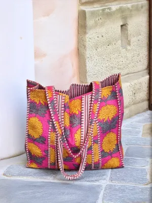 Pink with yellow chrysanthemum tote