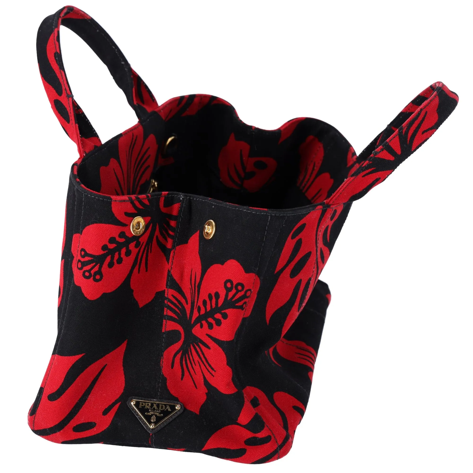 PRADA Canapa Tote Bag Black Red Canvas Leaves Print
