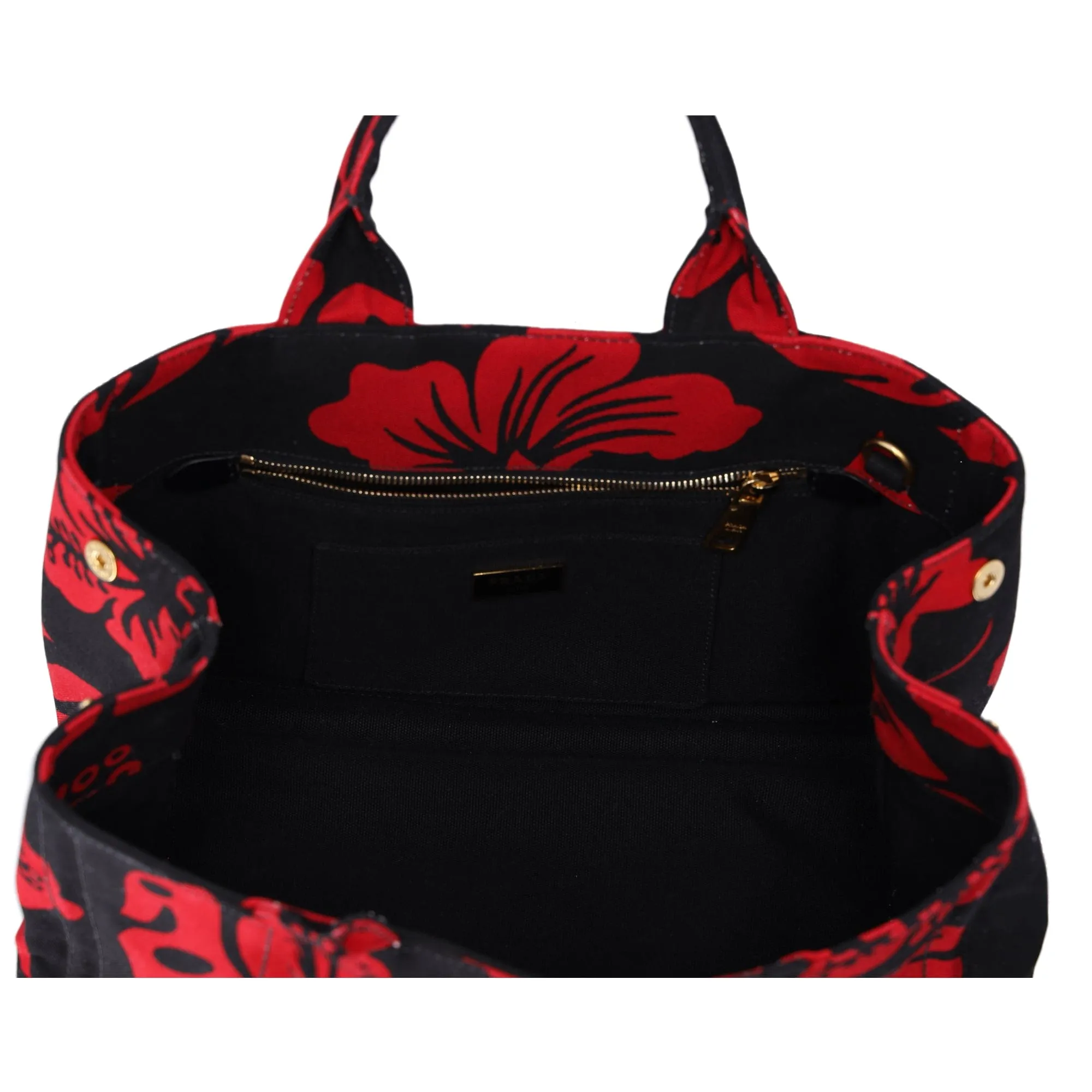 PRADA Canapa Tote Bag Black Red Canvas Leaves Print