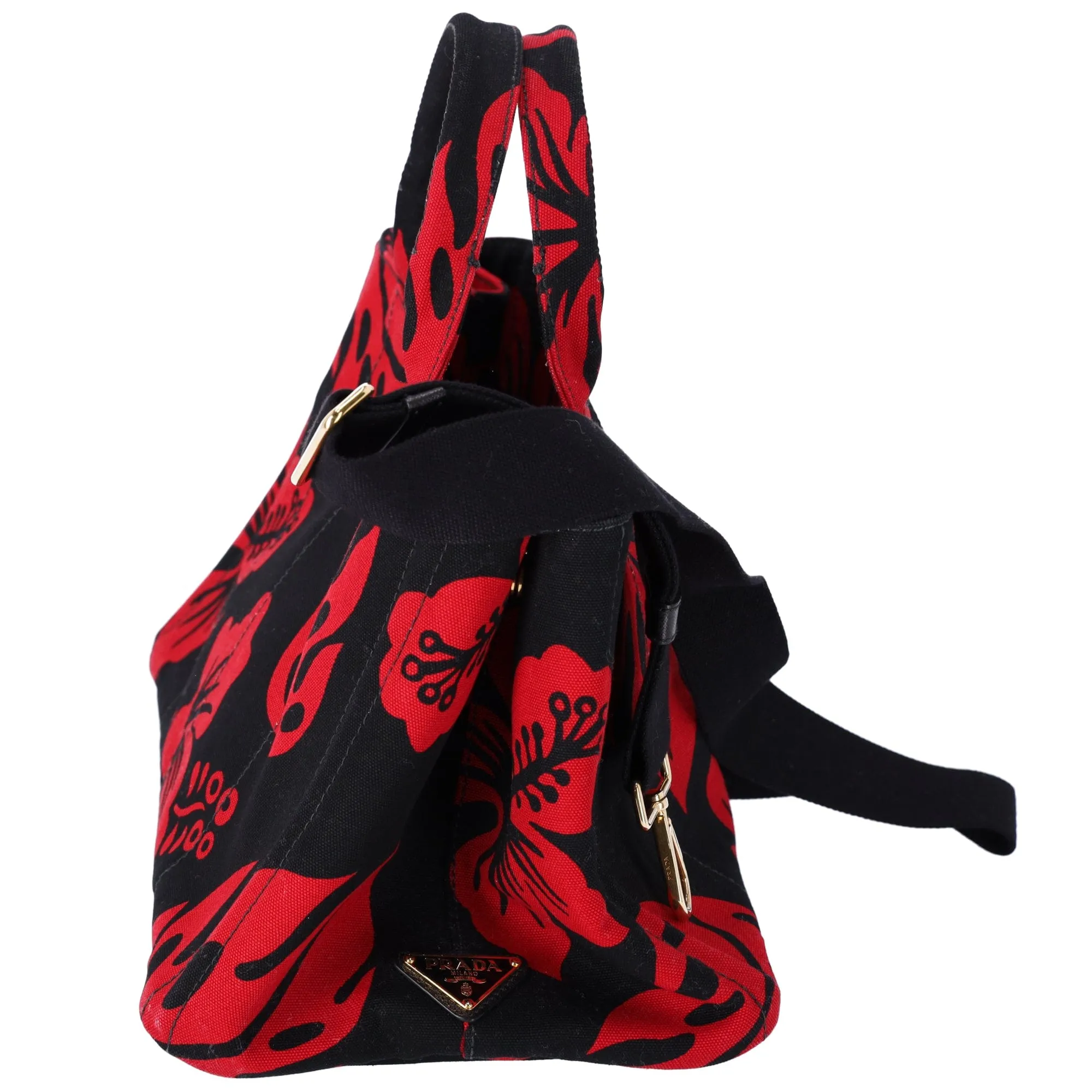 PRADA Canapa Tote Bag Black Red Canvas Leaves Print
