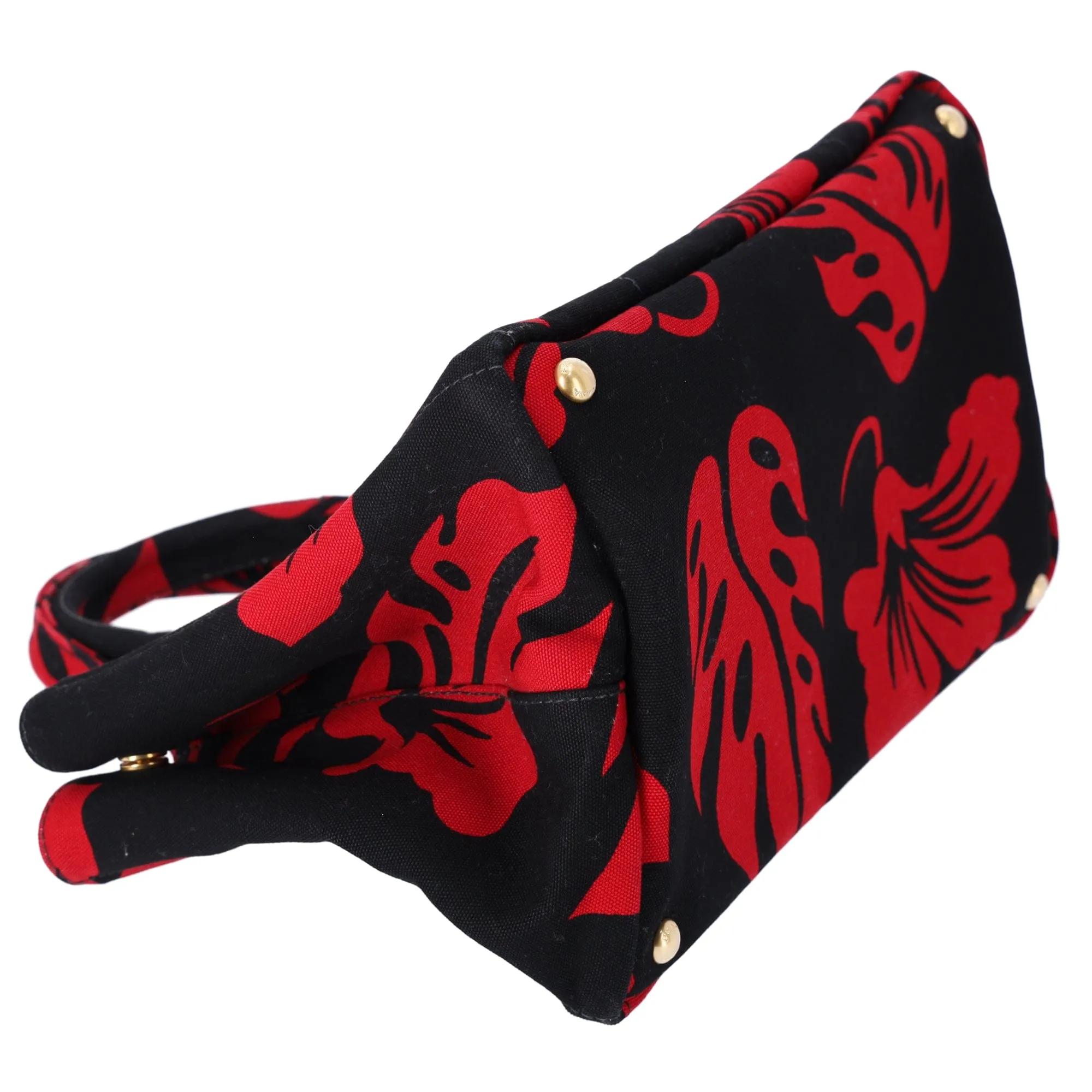 PRADA Canapa Tote Bag Black Red Canvas Leaves Print