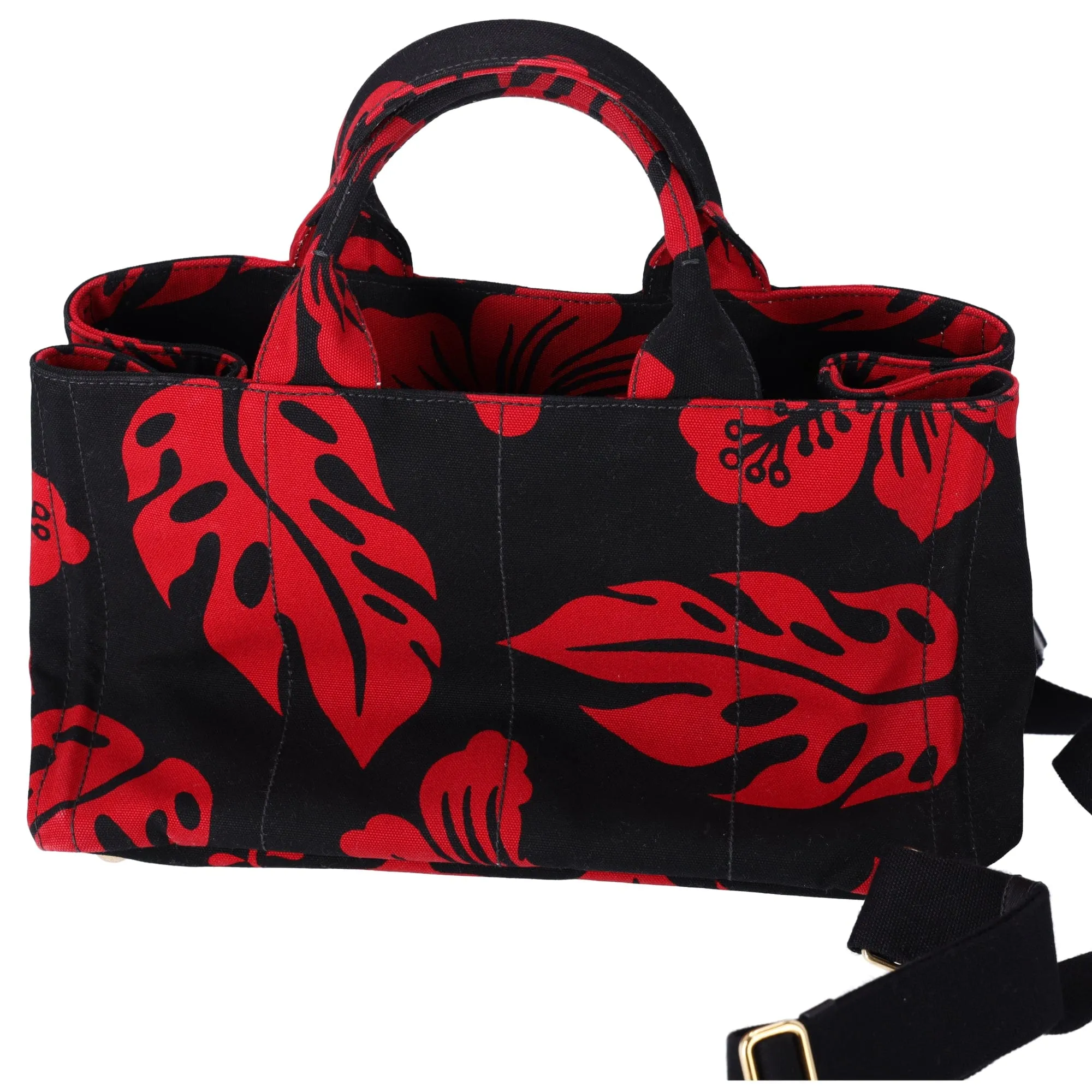 PRADA Canapa Tote Bag Black Red Canvas Leaves Print