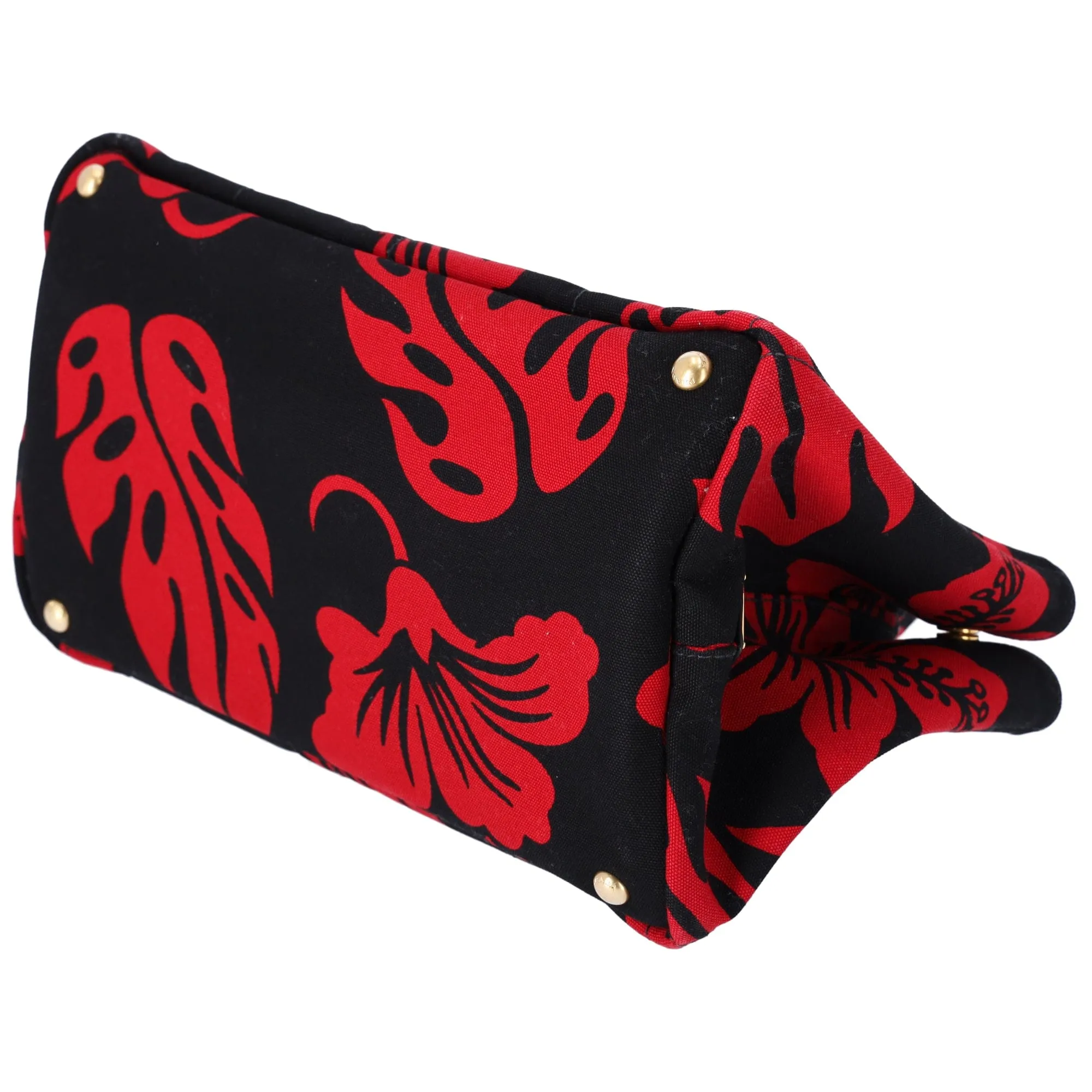 PRADA Canapa Tote Bag Black Red Canvas Leaves Print