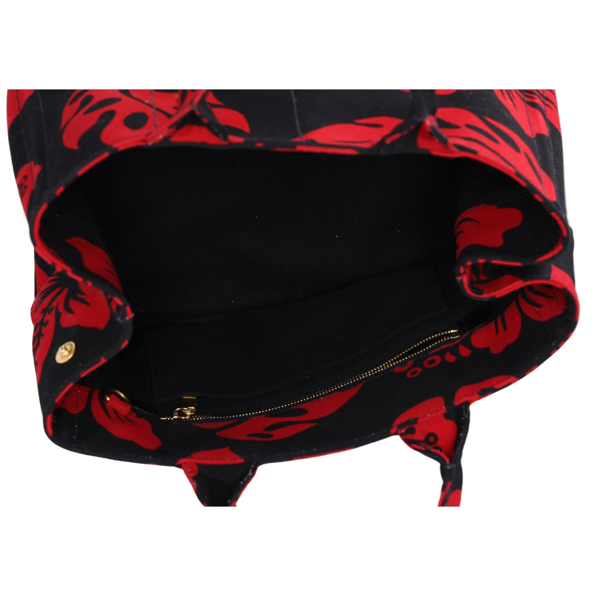 PRADA Canapa Tote Bag Black Red Canvas Leaves Print