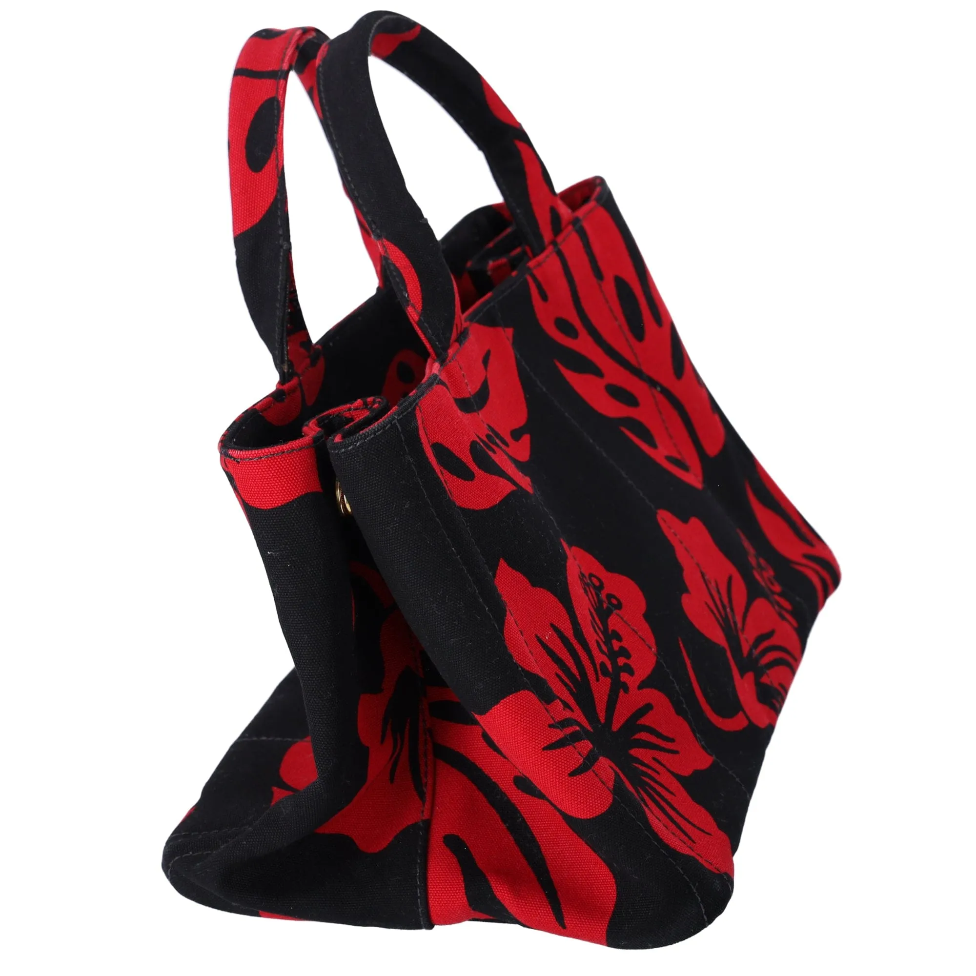 PRADA Canapa Tote Bag Black Red Canvas Leaves Print