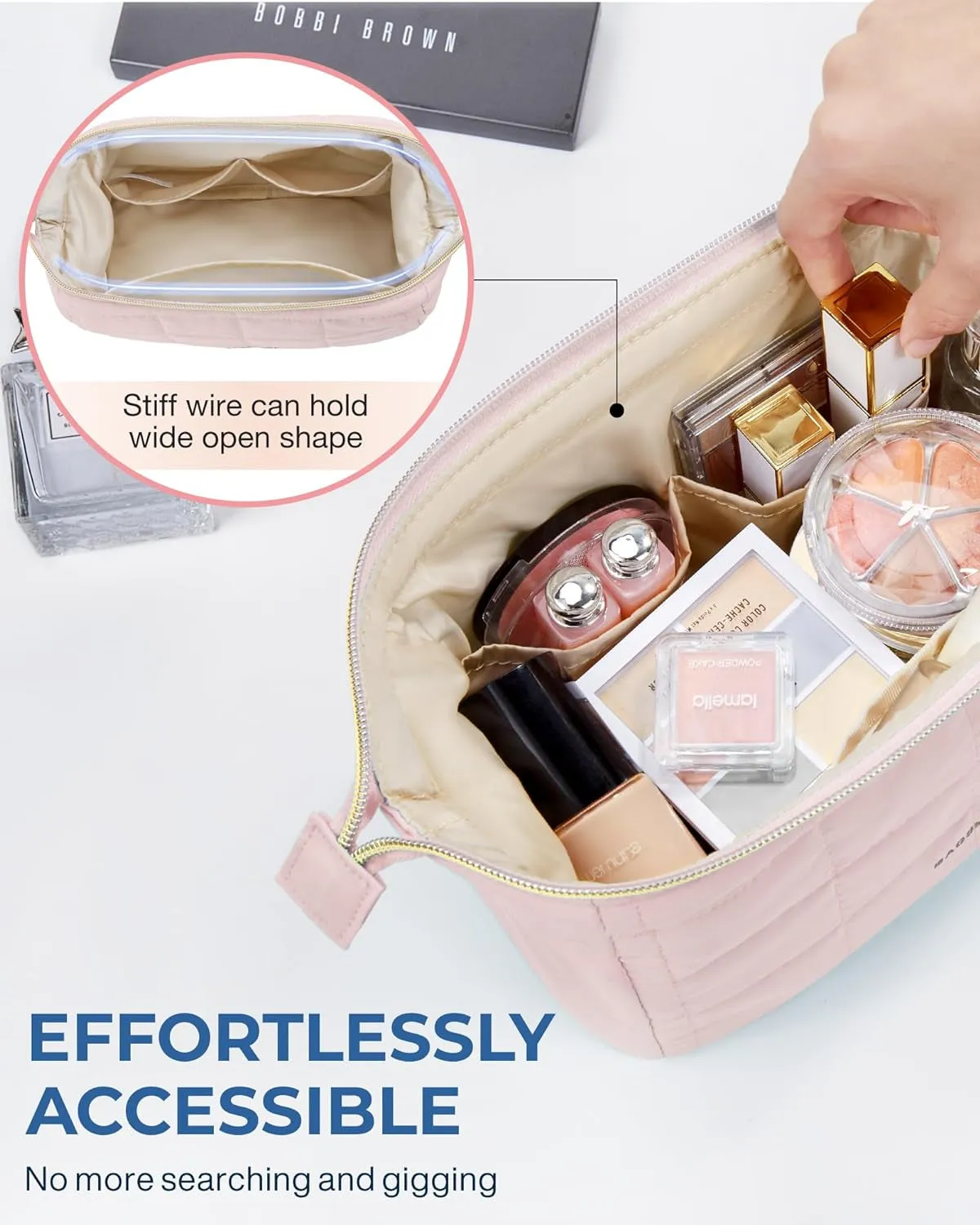 Puffy Padded Makeup Organizer Bag for Women, Wide-open Travel Toiletry Bag, Pink