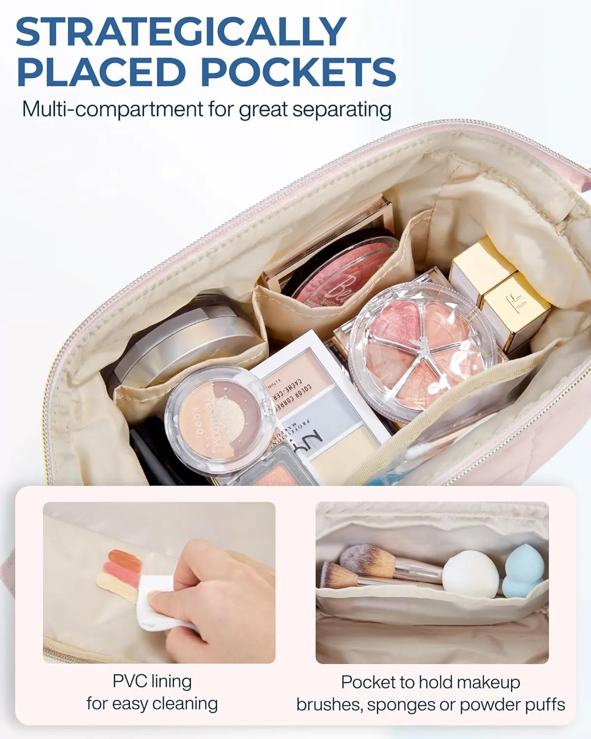 Puffy Padded Makeup Organizer Bag for Women, Wide-open Travel Toiletry Bag, Pink