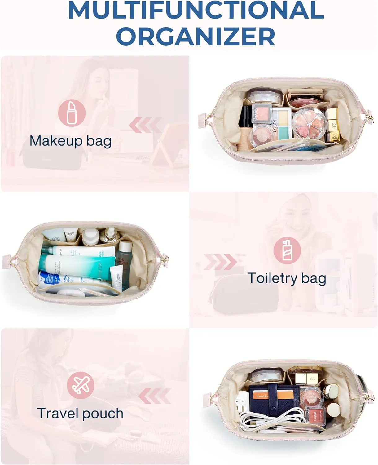 Puffy Padded Makeup Organizer Bag for Women, Wide-open Travel Toiletry Bag, Pink