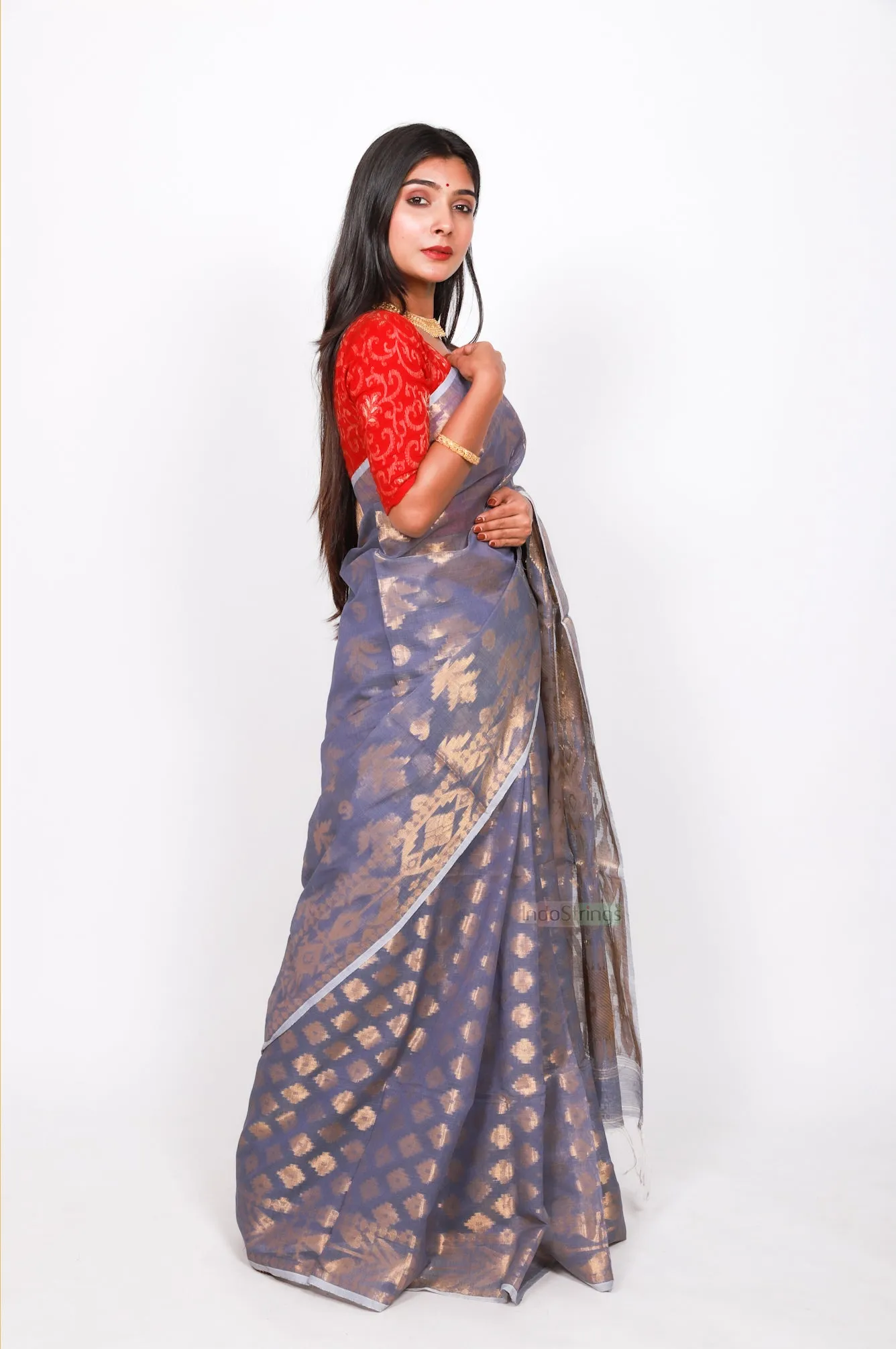Pure cotton jamdani zari work (patli-pallu) - Grey