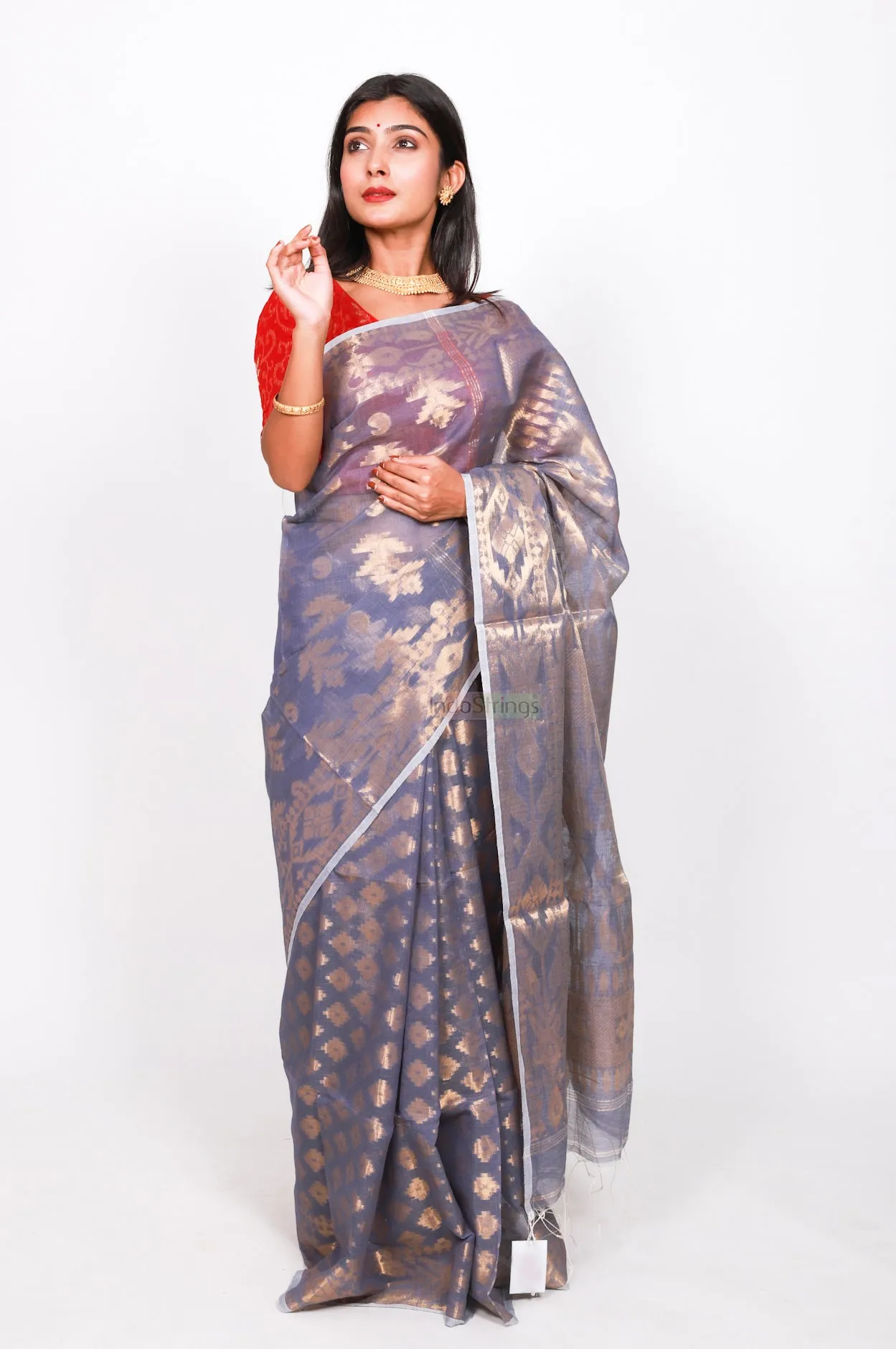 Pure cotton jamdani zari work (patli-pallu) - Grey