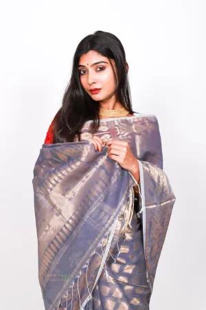 Pure cotton jamdani zari work (patli-pallu) - Grey