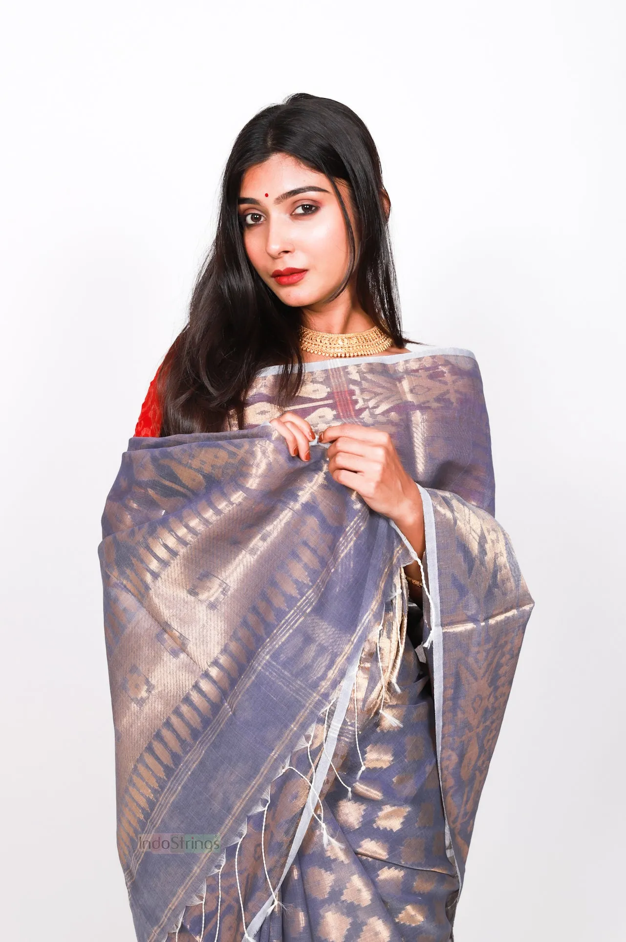 Pure cotton jamdani zari work (patli-pallu) - Grey