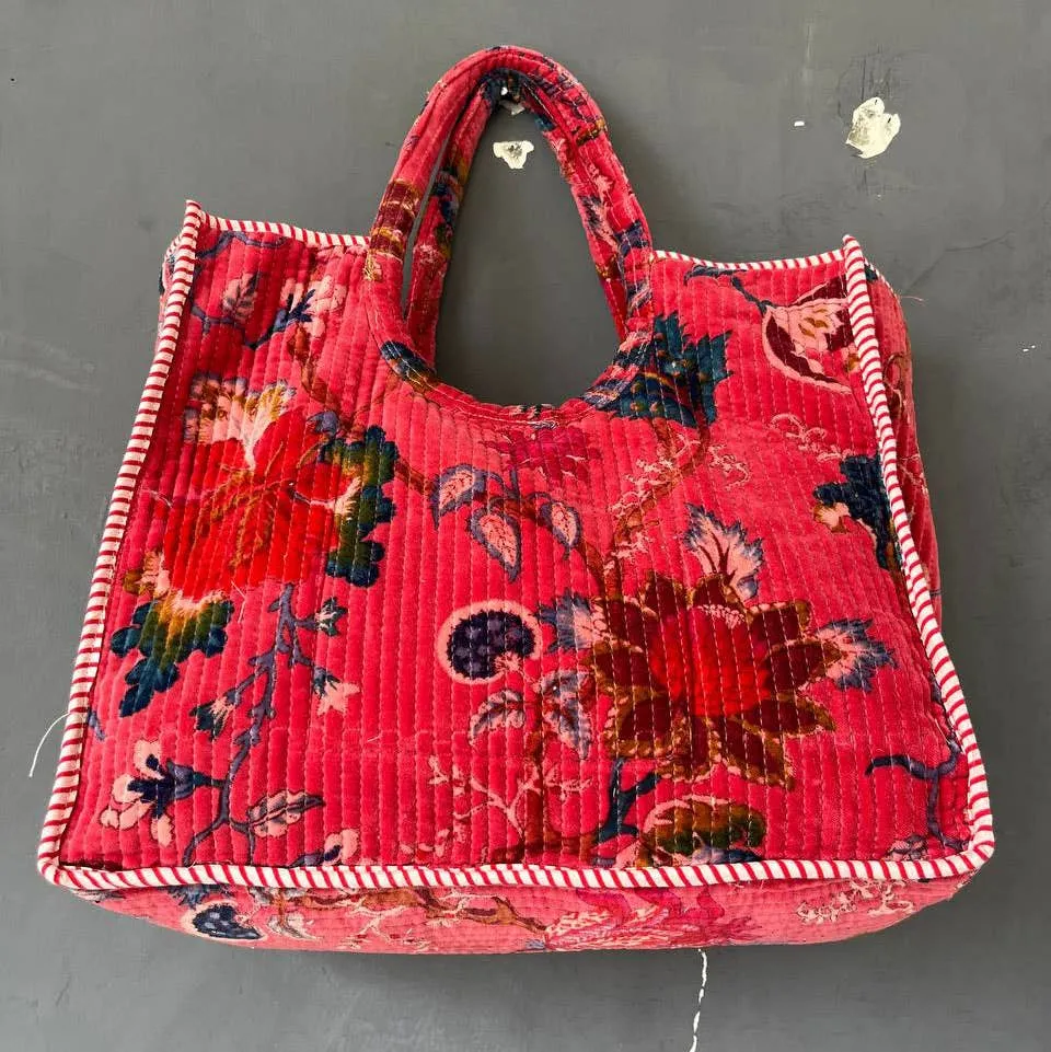 Quilted Tote Bag Floral Print Cotton Velvet Party Wear Women