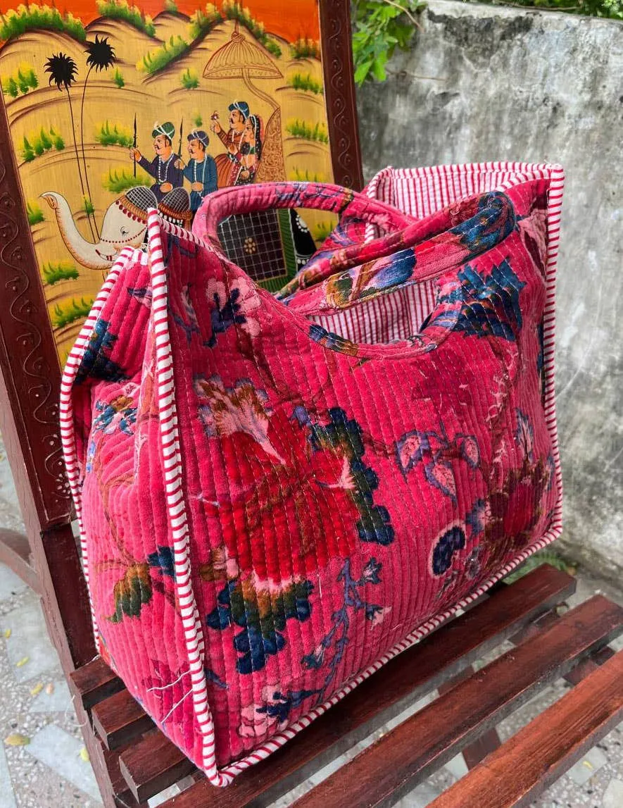 Quilted Tote Bag Floral Print Cotton Velvet Party Wear Women