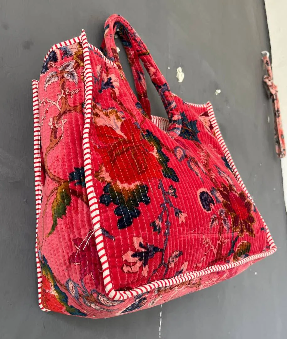 Quilted Tote Bag Floral Print Cotton Velvet Party Wear Women