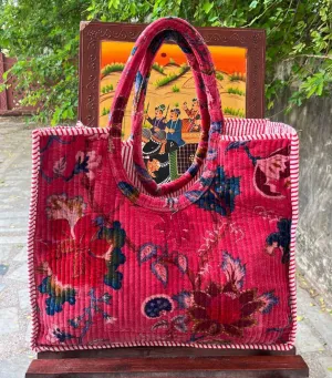 Quilted Tote Bag Floral Print Cotton Velvet Party Wear Women